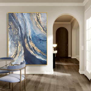 Blue And Gold Wall Art Framed Painting Oversized Entryway Art