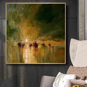 Gold Boat Abstract Sunset Paintings Large Square Wall Art Domestic Artwork