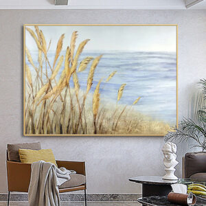 Harvest Rice Panicle Seascape Painting Gold Foil Wall Art Modern Art Canvas
