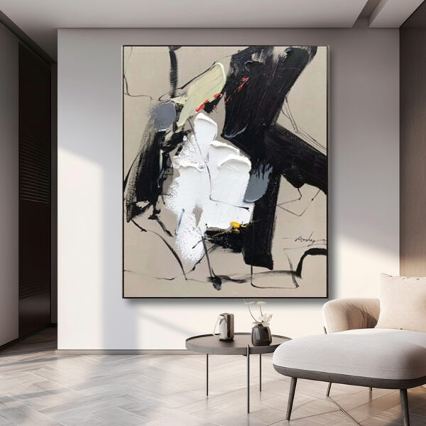 Beige Black And White Paintings Wall Art Living Room Large Abstract Art