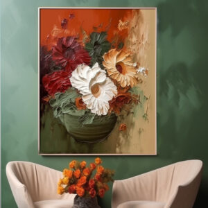 Creamy Dark Green Paintings Flower Vase Painting Orange Living Room Decor
